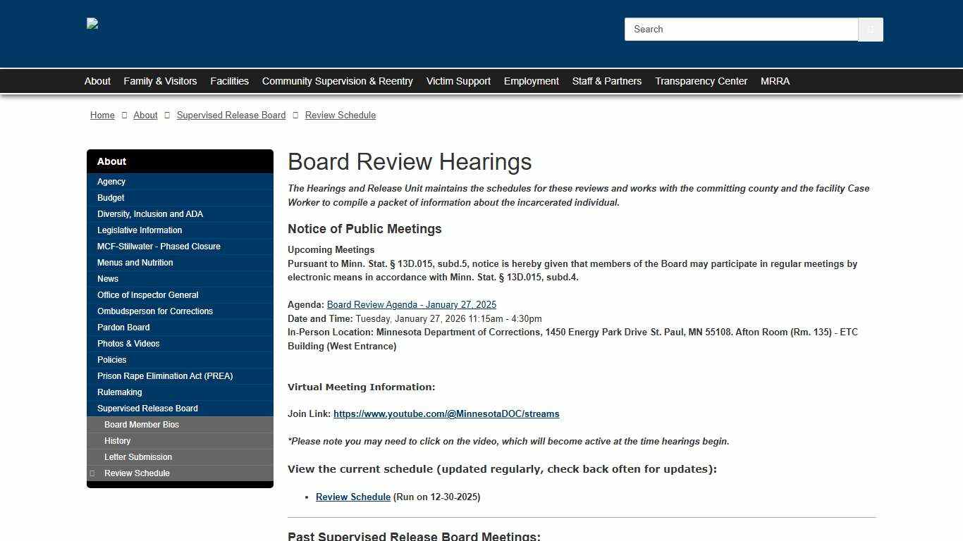 Schedule / Department of Corrections